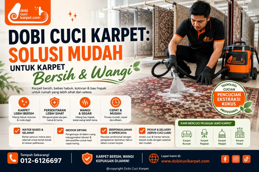 Dobi Cuci Karpet menyediakan servis cuci karpet profesional untuk karpet bersih, wangi dan bebas bau hapak.